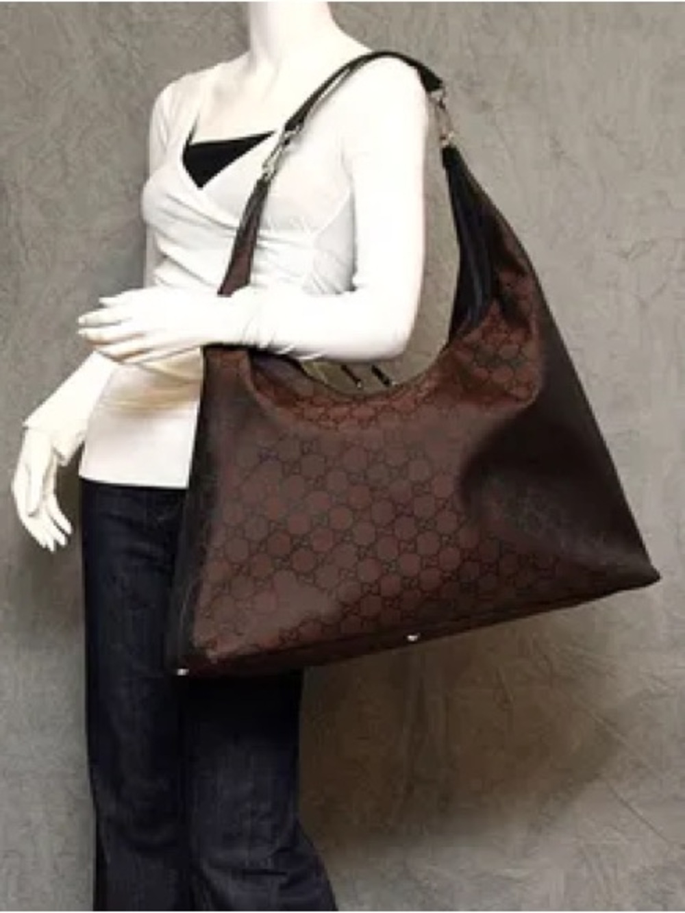 GUCCI XL Hobo Travel Bag GG Nylon Leather Dark Brown w/ Luggage Tag VTG RARE